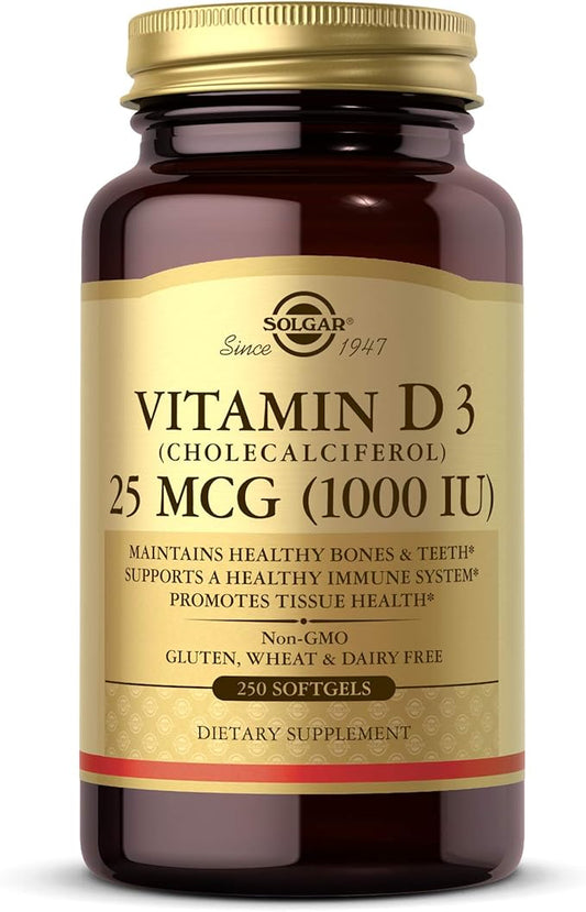 Solgar Vitamin D3 Cholecalciferol 25 MCG 1000 IU Softgels Helps Maintain Healthy Bones Teeth Immune System Support NonGMO Gluten Free Dairy Free Servings, Unflavored, 250 Count