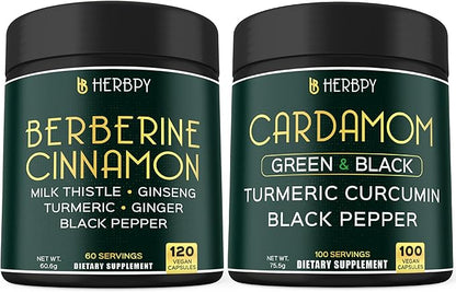 Bundle 7in1 Berberine HCl 97% 120 Count & 4in1 Cardamom Capsules 100 Count - Support Immune, Digestion, Heart Health, and Natural Wellness
