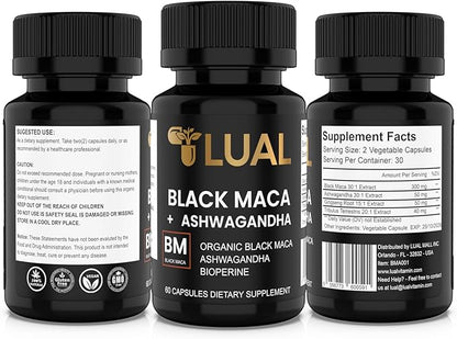 LUAL 30,000mg 30x Strength Organic Black Maca Root with Ashwagandha - Highest Potency Black Maca Root Capsules for Men - 100% Pure Maca Peruana Powder Organic, Gelatinized, Non-GMO - 60 Pills