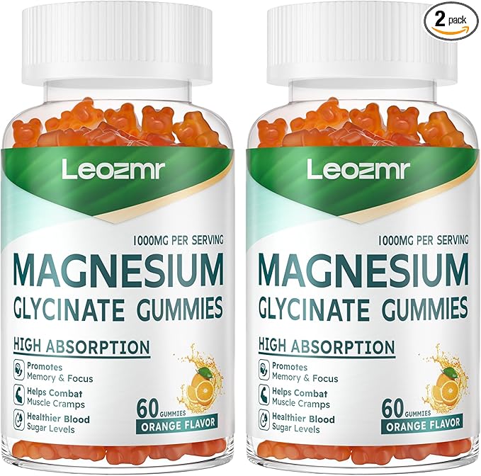 Magnesium Glycinate Gummies 1000mg - Sugar Free Magnesium Potassium Supplement with Vitamin D, B6, CoQ10 for Calm Mood & Sleep Support - 120 Orange Gummies