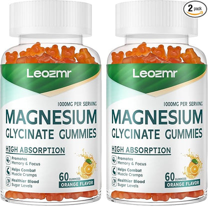Magnesium Glycinate Gummies 1000mg - Sugar Free Magnesium Potassium Supplement with Vitamin D, B6, CoQ10 for Calm Mood & Sleep Support - 120 Orange Gummies