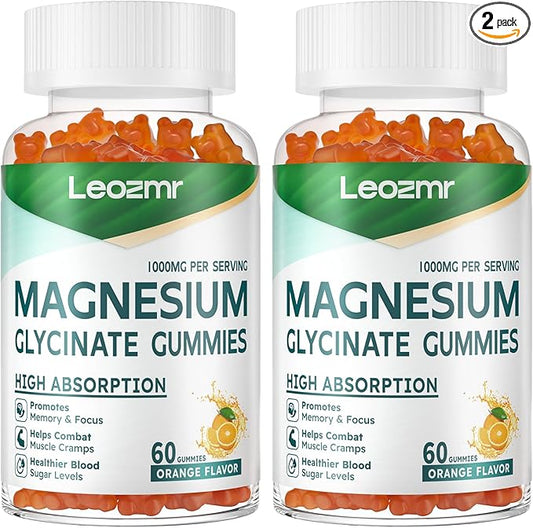 Magnesium Glycinate Gummies 1000mg - Sugar Free Magnesium Potassium Supplement with Vitamin D, B6, CoQ10 for Calm Mood & Sleep Support - 120 Orange Gummies