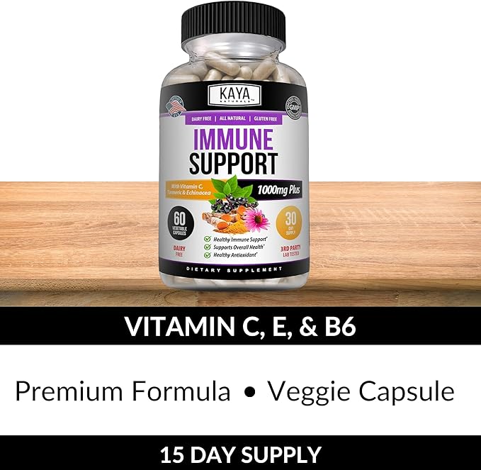 Kaya Naturals Elderberry Immune Support, Elderberry with Zinc and Vitamin C for Adults Vitamins, Probiotics & Turmeric 1000mg Immune System Booster Sambucus Capsules - 60 Count