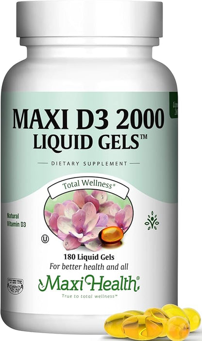 Maxi Health Kosher Vitamin D3 2000IU, Highly Absorbable Vitamin D Supplements for Healthy Immune Response, Calcium Absorption, Teeth & Bone Health - Vit D3 Vitamin 2000 IU - 180 Liquid Gels