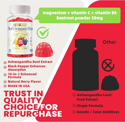 Ashwagandha Gummies & Vitamin D3 Gummies 60 Count - Organic Aswangdha Supplement for Improve Sleep, Stress Relief & Mood Calm(Mixed Berry, Vegan, Plant Based,Gluten-Free & Gelatin Free)-1pack