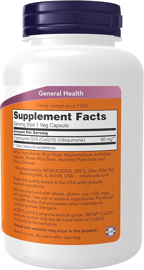 NOW Foods Supplements, CoQ10 60 mg, Pharmaceutical Grade, All-Trans Form of CoQ10 Produced by Fermentation, 180 Veg Capsules