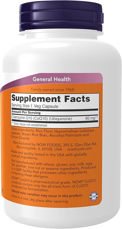 NOW Foods Supplements, CoQ10 60 mg, Pharmaceutical Grade, All-Trans Form of CoQ10 Produced by Fermentation, 180 Veg Capsules