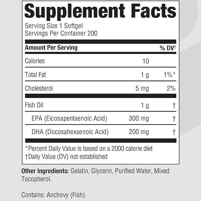 EPA DHA Omega 3 Supplement 300 mg EPA 200 mg DHA Per Serving | Fish Oil Omega 3 Fatty Acids for Women & Men High EPA Fish Oil EFA Support Cardiovascular and Brain Health Non-GMO 200 Softgels