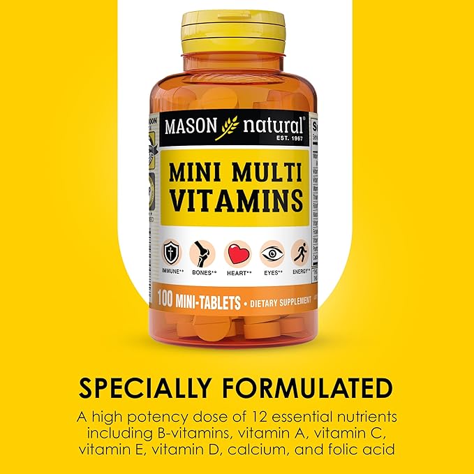 MASON NATURAL Mini Multi Vitamins, Vitamins A, C, D3, E, B1, B2, B3, B6, B12, Folate and Calcium for Overall Health, 300 Day Supply