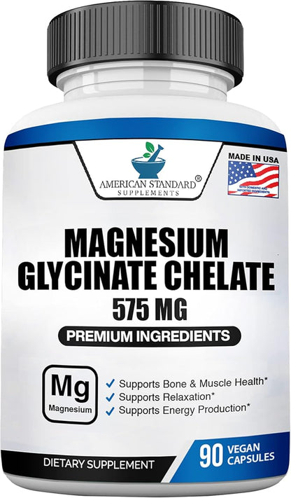 American Standard Supplements Magnesium Glycinate 575mg per Serving, 90 Veggie Capsules, Magnesium Supplement for Bone & Muscle Health, Chelated for Maximum Absorption