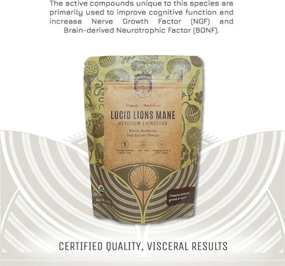 Hamilton’s Lucid Lion’s Mane | Organic Mushroom Extract Powder for Synapse Repair, Nerve Growth Factor, Focus, Memory, and Concentration | High Potency | 30% Beta Glucans | GF, Non-GMO, Vegan (200g)