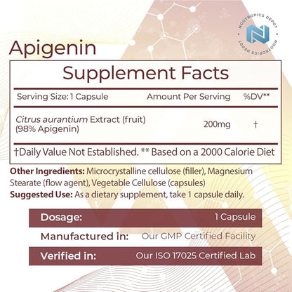 Nootropics Depot Apigenin Capsules | 200mg | 120 Count | >98% Apigenin | Supports Healthy Stress Levels