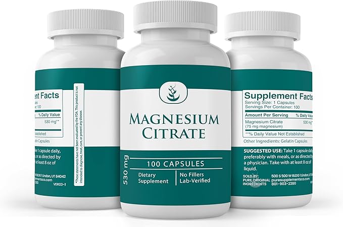 Pure Original Ingredients Magnesium Citrate, (100 Capsules) Always Pure, No Additives or Fillers, Lab Verified