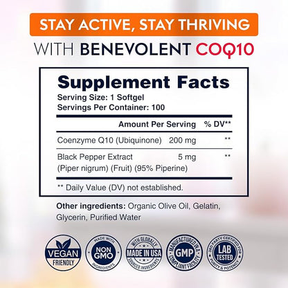 Premium CoQ10 200mg Softgels, Coenzyme Q10 Supplement with Enhanced Absorption, Antioxidant Formula for Heart Health, Energy Production & Healthy Aging, Non-GMO, 100 Count