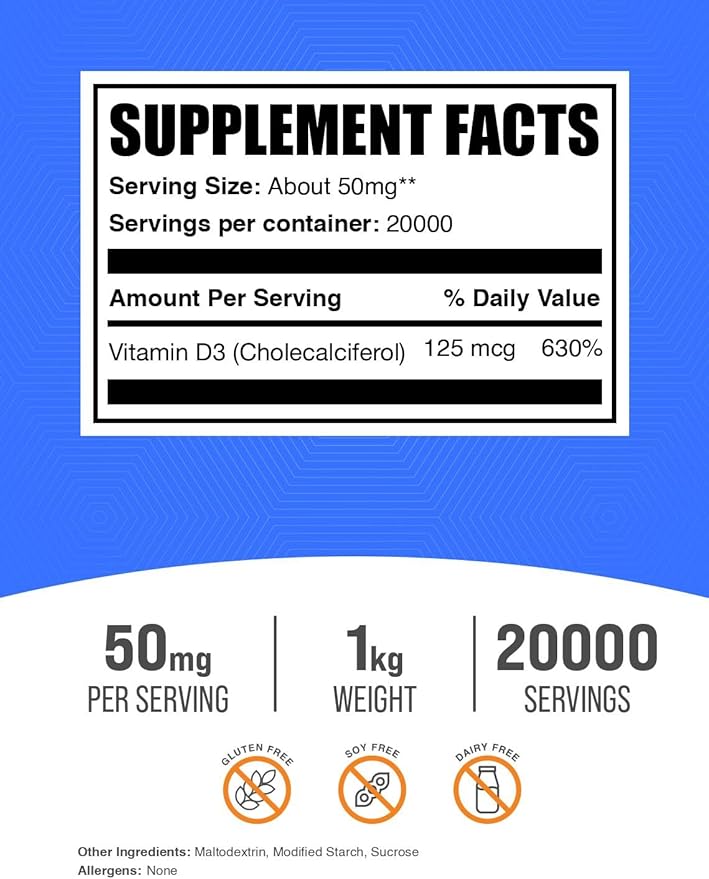 BulkSupplements.com Vitamin D3 Powder - Cholecalciferol, Vitamin D Supplements, 5000 IU - Gluten Free, 50mg (125mcg of Vitamin D3) per Serving, 1kg (2.2 lbs) (Pack of 1)