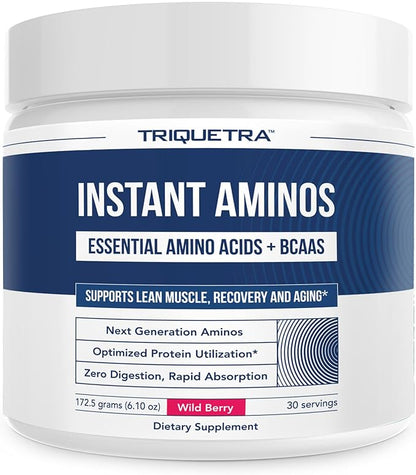 Instant Aminos - EAA+BCAA - 10 Essential Amino Acids Supplement - Rapid Absorption, Zero Digestion - Supports Lean Muscle, Recovery & Aging - 321% DIAAS Protein Score - Wild Berry (30 Servings)