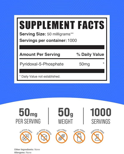 BulkSupplements.com Pyridoxal 5 Phosphate Powder - P-5-P Vitamin B6 Supplement, P-5-P 50mg - P5P Supplement, Gluten Free, 50mg of per Serving, 50g (1.8 oz) (Pack of 1)