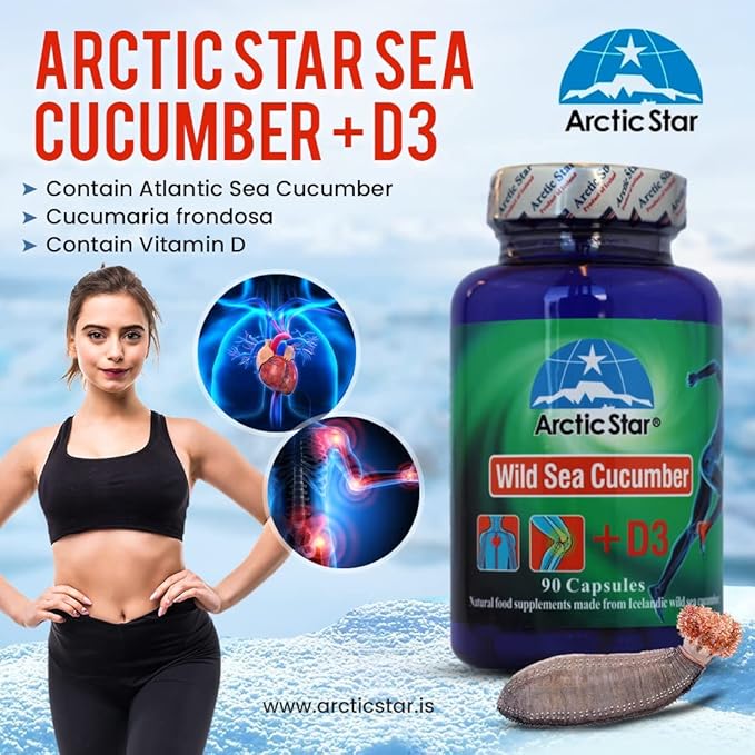 Arctic Star - Sea Cucumber with Vitamin D3 Capsules, Pure Icelandic Wild Caught Sea Cucumber Extract & D3 Supplement Pills - Cucumaria Frondosa 北极星海参+D3胶囊 (90 Capsules, 400mg) 1Bottle
