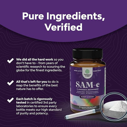 Pure SAM E Supplement 150mg - Nootropic Same 150mg Per Serving for Memory & Brain Support, Joint & Liver Health - Natural S-adenosylmethionine for Mood Balance - 90 Capsules