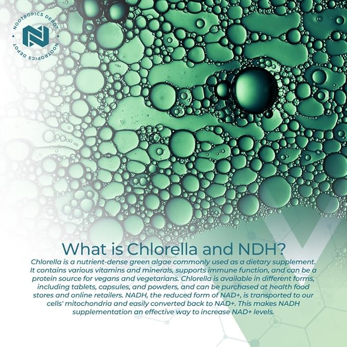 Nootropics Depot NADH + Chlorella vulgaris (Broken Cell) 400mg Capsules | Nicotinamide Adenine Dinucleotide 20mg | Chlorophyll 10mg | Energy, Alertness, Mental Clarity & Healthy Aging, 30 Count