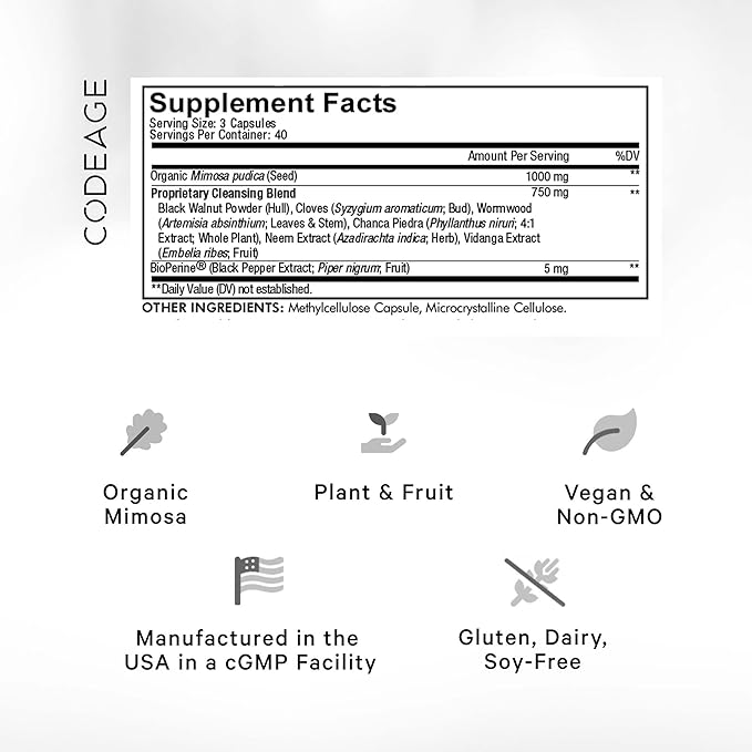 Codeage Organic Mimosa Pudica Seed Capsules - Mimosa Pudica Seeds Supplement - Black Walnut, Cloves, Vidanga, Neem, BioPerine - All in One - Sensitive Plant Pills - Non-GMO & Vegan - 120 Capsules