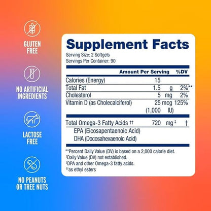 Oceanblue Essentials Everyday Omega Minis – 180ct – Burpless Fish Oil with Vitamin D3 – for Heart and Immune Support – Easy to Swallow Mini Softgels – Tasty Orange Flavor – 3 Month Supply