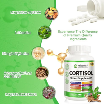 10-in-1 Cortisol Supplement with Magnesium,Ashwagandha,Rhodiola Rosea,L Theanine,Hormone Balance for Women 120 Vegan Capsules