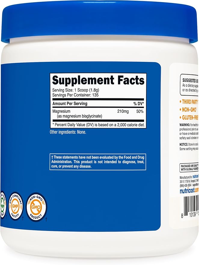 Nutricost Magnesium Bisglycinate Powder (Unflavored, 250 Grams) - Non-GMO, Vegan Supplement