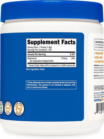 Nutricost Magnesium Bisglycinate Powder (Unflavored, 250 Grams) - Non-GMO, Vegan Supplement