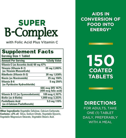 Nature's Bounty Super B-complex with Folic Acid Plus Vitamin C, 300 Tablets (2 X 150 Count Bottles)