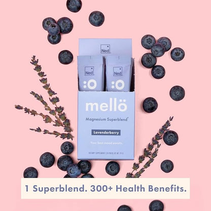Mellö Magnesium Supplement Superblend Powder - Magnesium Glycinate with L-Theanine, GABA, and Trace Minerals - Supports Sleep, Relaxation, and Balanced Energy - Lavenderberry Flavor, 10-Pack, Singles