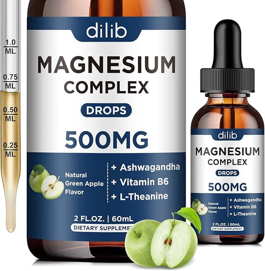 Triple Magnesium Complex Supplement-Magnesium Glycinate, Citrate, Malate Liquid Drops 500mg with Ashwagandha, L-Theanine, B6 for Calm, Stress Relief, Sleep, Muscle Support-Green Apple Flavor