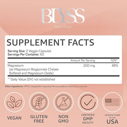 Magnesium Bisglycinate Capsules for Women - 200mg Chelated Glycinate Magnesium Supplement for Maximum Absorption - Natural Supplements for Sleep, Mood Support & Muscle Cramps - 120 ct