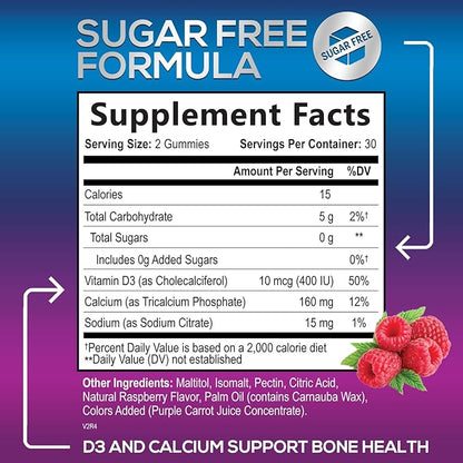 Sugar Free Calcium Gummy Bites Plus 400 IU Vitamin D3, Bone Health & Immune Support, Supports Bone Strength - Chewable Calcium Nutrition Supplement, Non-GMO, Berry Flavor Chews - 60 Gummies