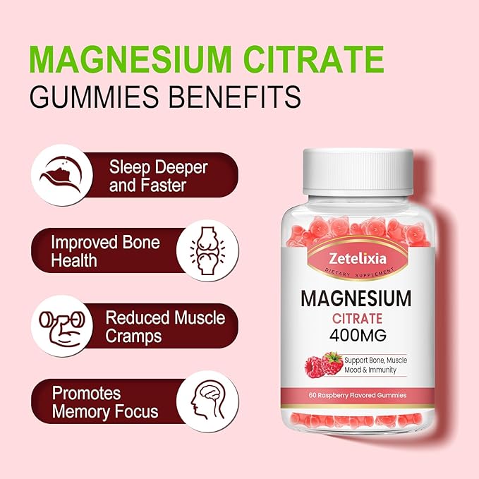 Magnesium Citrate Gummies, High Absorption Magnesium Gummies for Adults, Muscle & Teeth Support, 60 Vegan Natural Raspberry Gummies