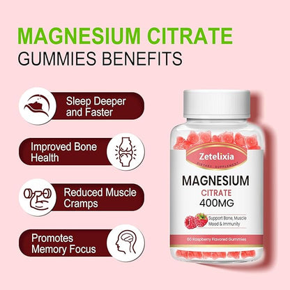 Magnesium Citrate Gummies, High Absorption Magnesium Gummies for Adults, Muscle & Teeth Support, 60 Vegan Natural Raspberry Gummies