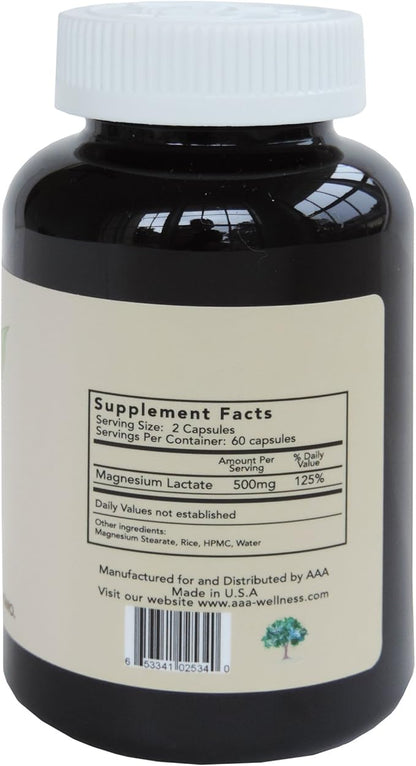 Magnesium Lactate 500 mg per Serving, 120 Easy to Swallow Small Vegetarian Capsules. Gluten Free. Doctor formulated. Highly bioavailable Formulation. High Absorption. Made in USA.