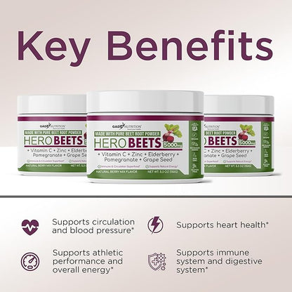 Gade Nutriition Hero Beets - Organic Beet Root Powder - Non-GMO Superfood Supplement - with Elderberry, Pomegranate, Grape Seed - Natural Berry Flavor, 30 Servings