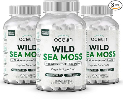 Wild Sea Moss Capsules - 100% Organic Irish Sea Moss with Organic Chlorella, Bladderwrack and Vitamin D for Energy, Lung Health and Thyroid Support for Women and Men - 3 Bottles
