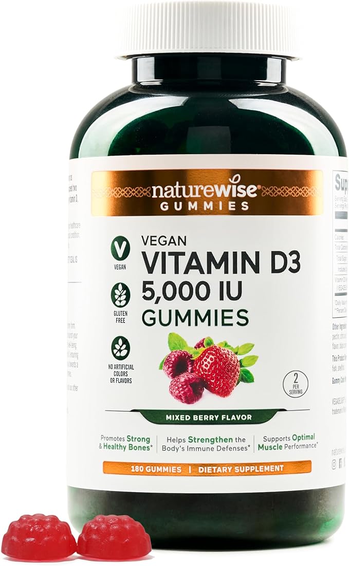 NatureWise Vitamin D3 5000 IU Gummies - Mixed Berry Flavor - Vegan D from Lichen, Pectin Based, Immune Support for Adults, Muscle & Bone Strength - Gluten Free, Non-GMO - 180 Count[3-Month Supply]