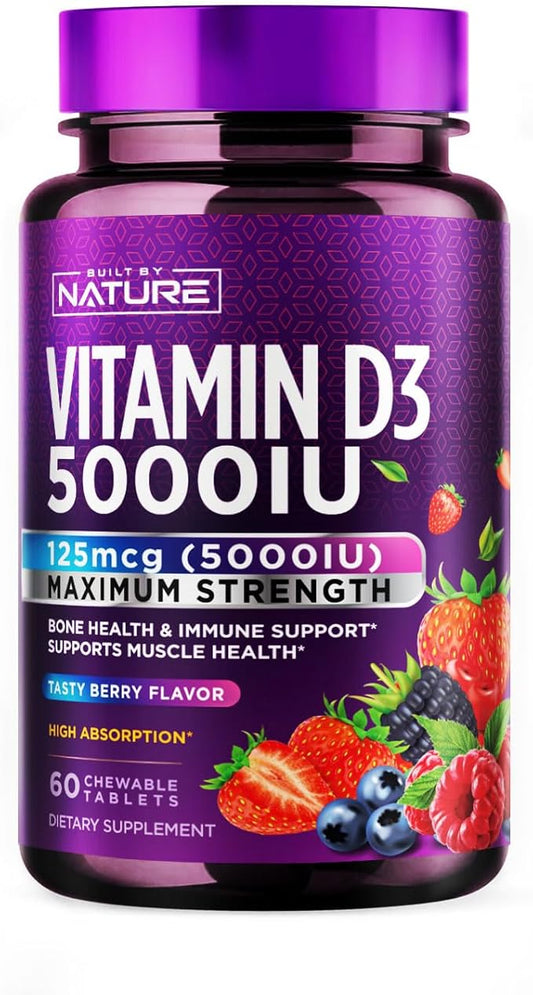 Built by Nature Chewable Vitamin D3 5000 IU - Vitamin D Supplement Chews – Sugar Free & Natural Berry Flavor - 60 Tablets