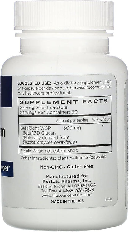 Life Source Basics Immune System Support Activator - High Purity Beta 1,3/1,6 Glucan - Immunity and Vitamin Supplement Non-GMO & Vegan Friendly for Men & Women, Gluten-Free 500 mg - 60 Capsules
