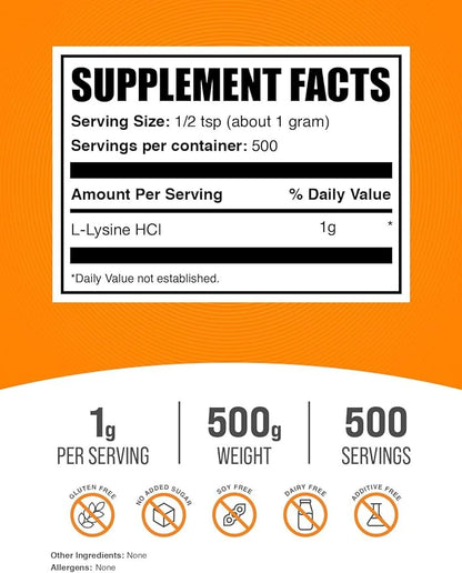 BulkSupplements.com L-Lysine HCl Powder - L-Lysine for Cats - Immune Support Formula - L Lysine Powder - Lysine Powder for Cats - Lysine Supplement - Lysine Powder Cats (500 Grams - 1.1 lbs)