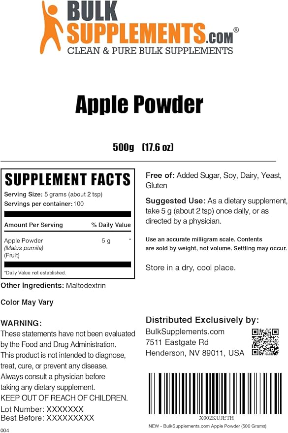 BulkSupplements.com Apple Powder - Apple Fruit Powder, Superfood for Digestive Support - Natural & Gluten Free, 5g per Serving, 500g (1.1 lbs) (Pack of 1)