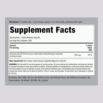 Piping Rock GTF Chromium 200 mcg | 250 Capsules | Glucose Tolerance Factor Supplement | Non-GMO & Gluten Free