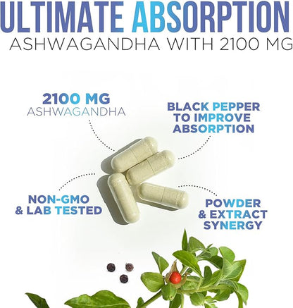 Ashwagandha Supplement 2100mg - Extra Strength Herbal Root Extract, Best Ashwagandha Supplements for Men & Women, Restore, Unwind, Calm Support Formula, Vegetarian, Non-GMO, Gluten-Free, 120 Capsules