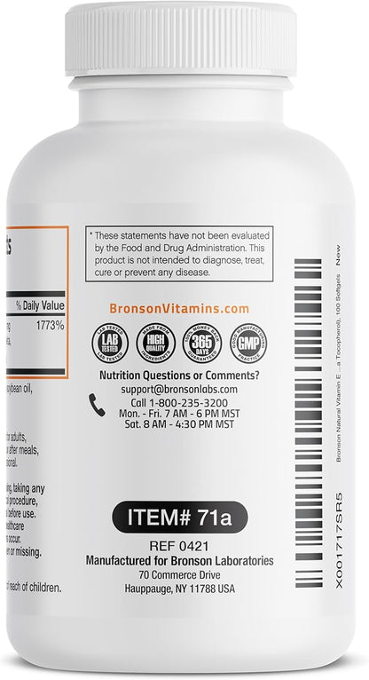 Bronson Natural Vitamin E Complex 400 I.U. Supplement (d-Alpha Tocopherol Plus d-Beta, d-Gamma, & d-Delta Tocopherols), Natural Antioxidant, 100 Softgels