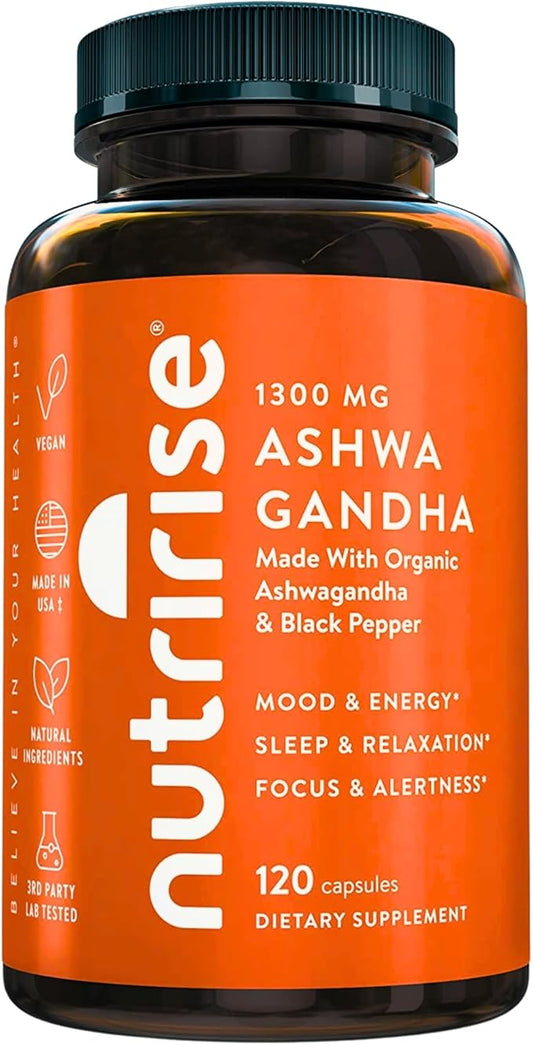 NutriRise Organic Ashwagandha Root Capsules with Black Pepper, 1300mg, Natural Stress & Mood, Thyroid, and Immune Support Supplement, Clarity, Focus & Energy, Gluten Free, 120 Count