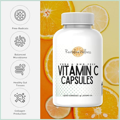 Vitamin C Capsules | Pure, Corn, & GMO-Free | 1000 mg Vitamin C Per Capsule | 200 Capsules