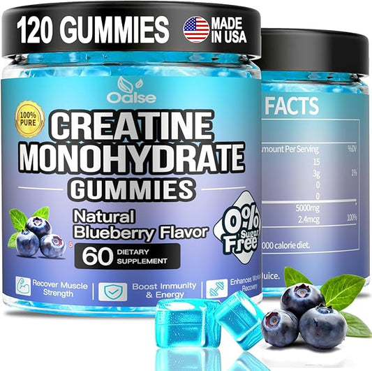 (2Pack，120 Count) Creatine Monohydrate Gummies for Men & Women 5000mg, Chewable Creatine Monohydrate with W/L-Taurine + Vitamin B12 for Muscle Support, Energy Boost - Sugar Free,Vegan (Blueberry)